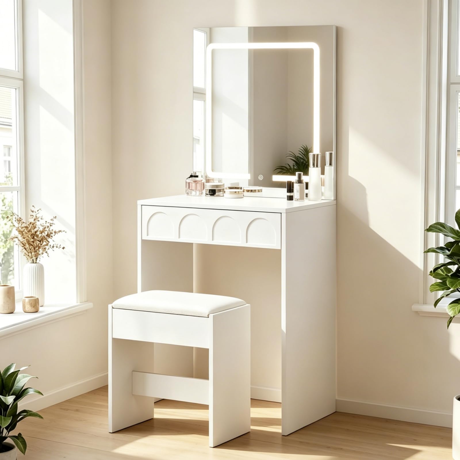 TUKAILAI Schminktisch mit Beleuchtung, Schminktisch Klein mit Spiegel, 60cm Breit Platzsparende Schminkkommode, Kosmetiktisch für Wohnung, kleines Zimmer, Weiß