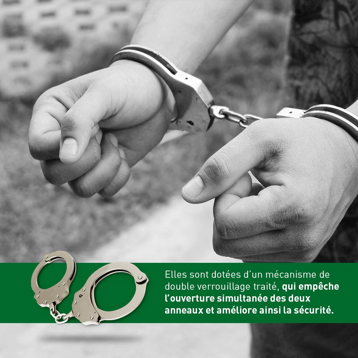 SHOKE Véritables menottes de police - chaînes de sécurité avec serrure - déverrouillage par clé - en acier inoxydable - 2 clés incluses - Couleur : Gris