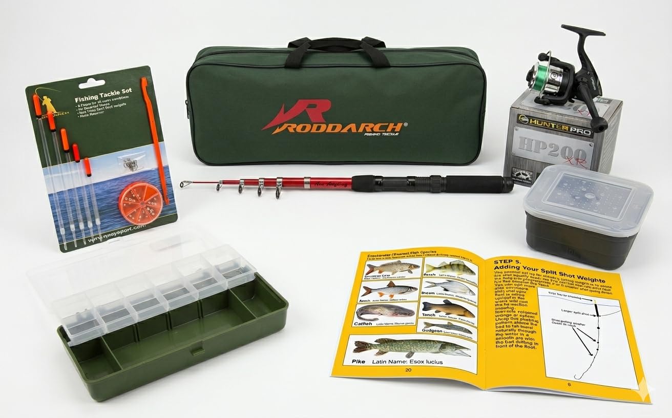Roddarch Junior Fishing Kit for Kids: Complete Starter Set with 2.0m Telescopic Rod, HP200XR Reel & Full Tackle – Includes 20-Page "How to Fish" Guide & Species ID Chart – Perfect Beginner set