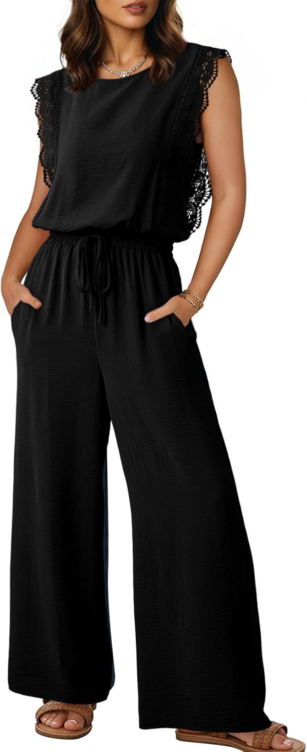Dokotoo Womens Jumpsuits Crewneck Lace Cap Sleeve Drawstring High Waist Wide Leg Casual Rompers with Pockets
