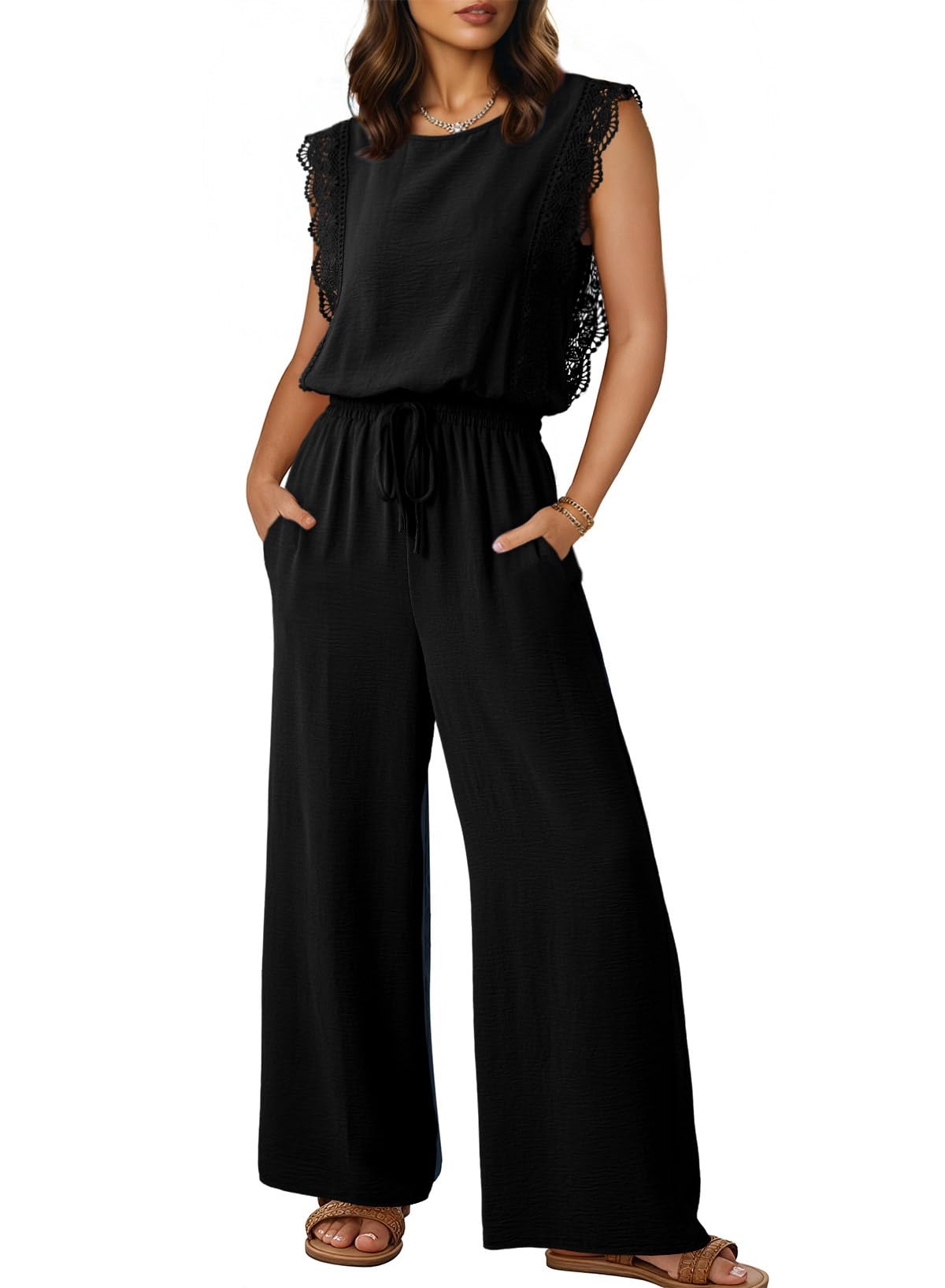 Dokotoo Womens Jumpsuits Crewneck Lace Cap Sleeve Drawstring High Waist Wide Leg Casual Rompers with Pockets
