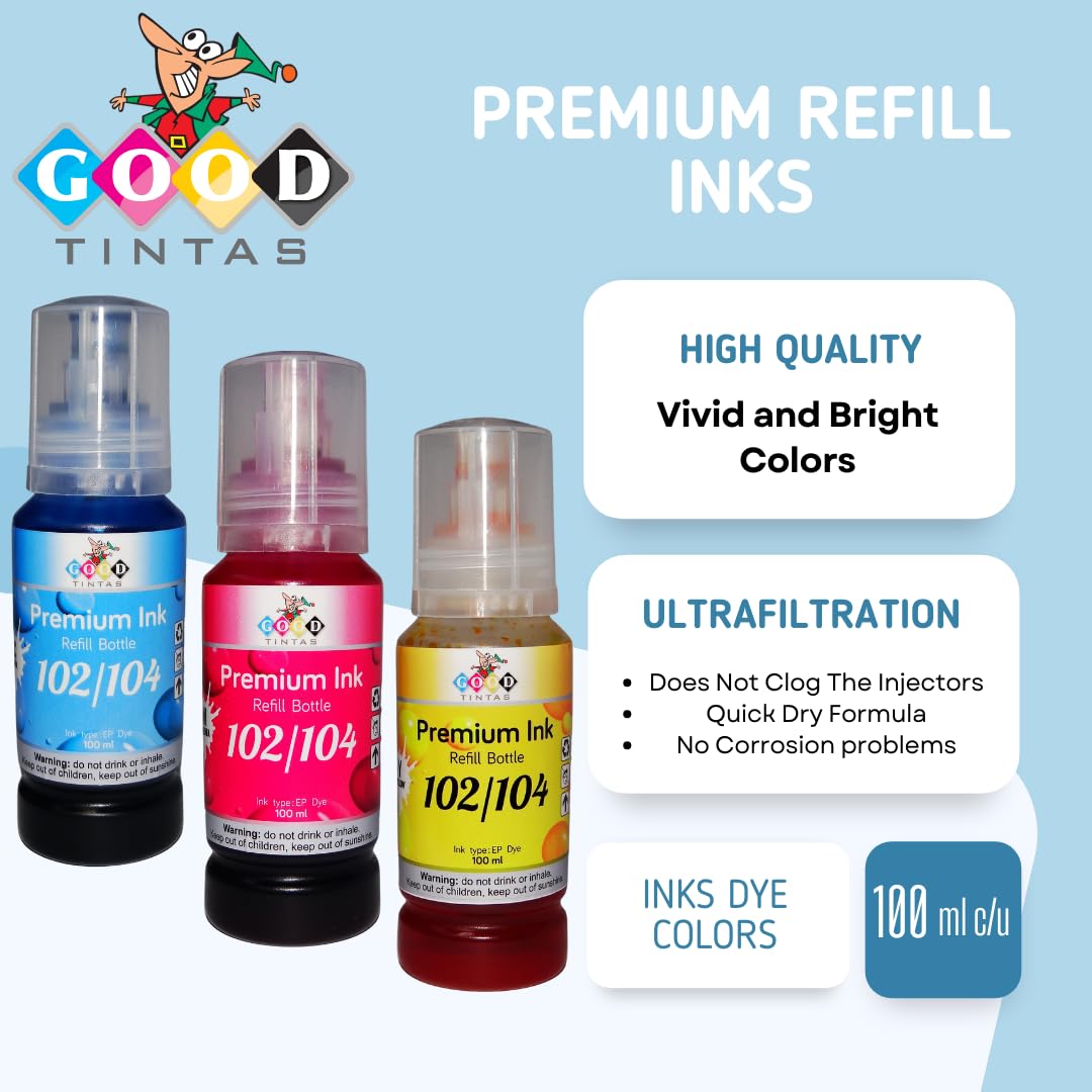 102 104 Tinta Compatible con Epson Ecotank 102 104 (BK 140ML, CMY 100ML) Cartucho de Tinta para Impresora ET-1810 ET-2710 ET-2750 ET-2812 ET-2814 ET-2850 ET-3700 ET-3850 ET-4700 ET-4750