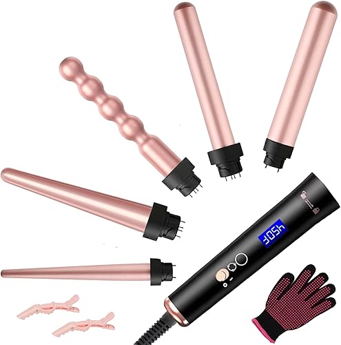Juego de rizador 5 en 1, varita rizadora con pantalla digital LCD, rizador de pelo y 5 rizadores intercambiables, rizador de pelo de doble voltaje