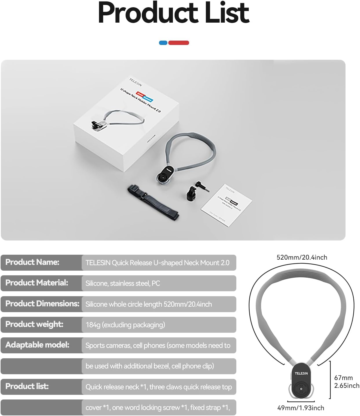 Telesin S2 POV - Soporte de cuello para GoPro 17 616iaqnma3L. AC SL1500