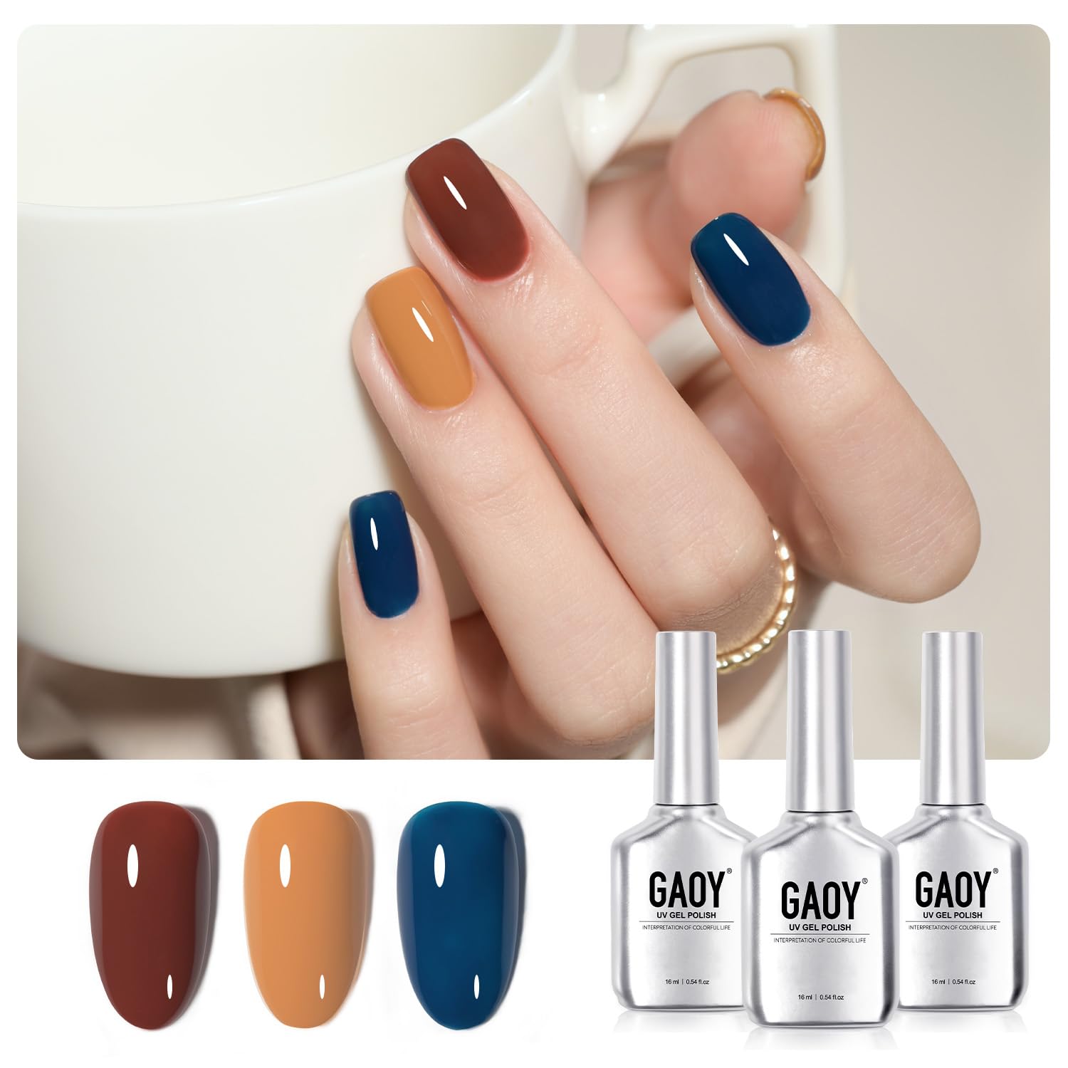 GAOYGel Nail Polish Kit, 3 Colors 16ml Red Yellow Blue, Soak Off UV Gel Polish Set - Chestnut Indigo