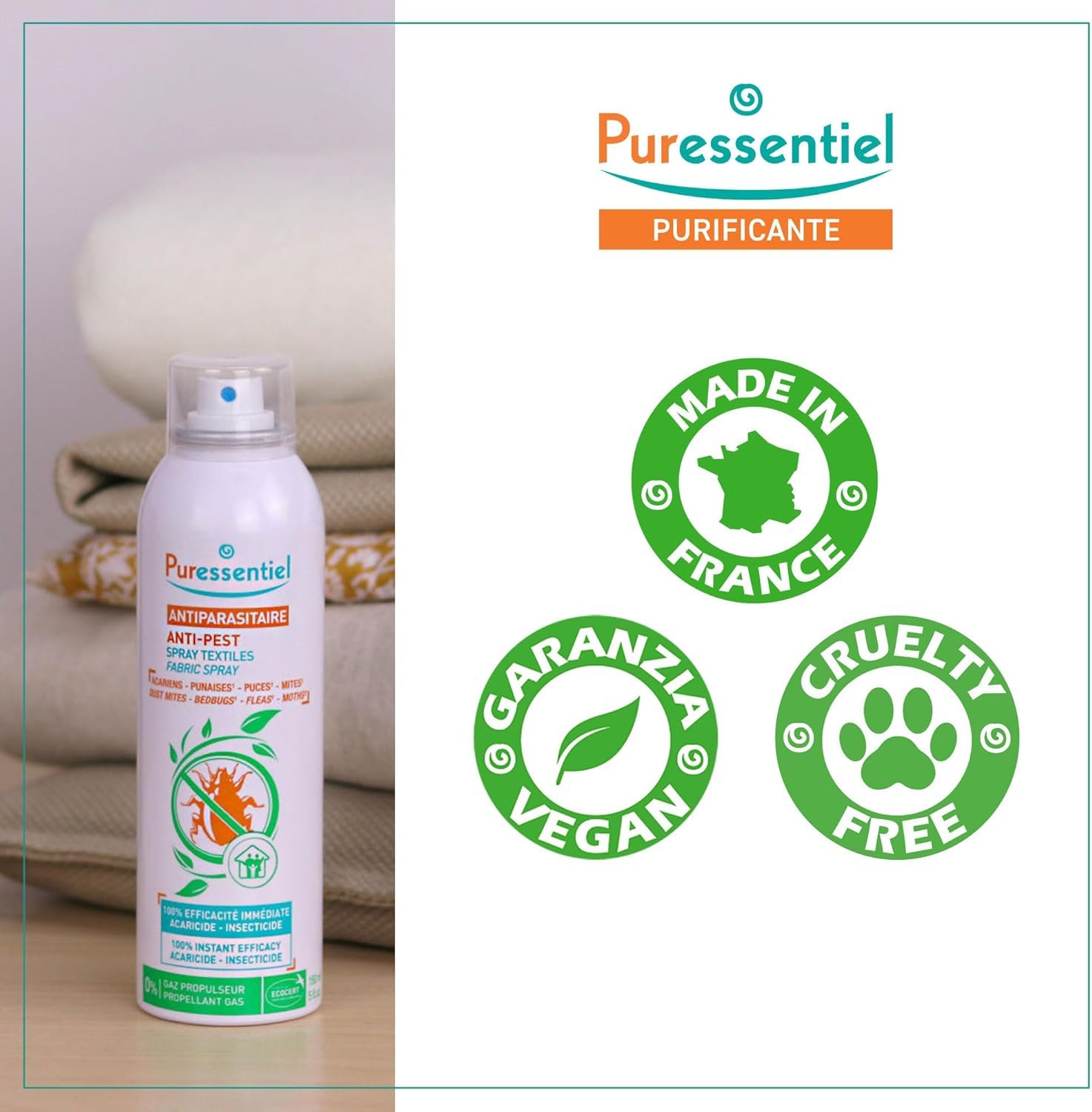 N.2 Acaricida Spray Insetticida da 150ml per tessuti, Presidio Medico Chirurgico, Profumo fresco e gradevole