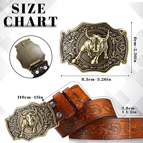 Western Cowboy Genuine Leather Belt with Longhorn Bull Buckle and Floral Embossing2