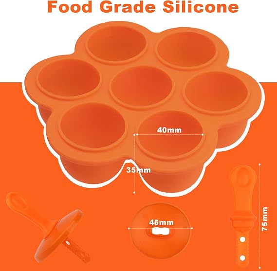 Ice Lolly Moulds for Children,Ice Lolly Moulds Silicone,7 Cavities Popsicle Mould with Plastic Sticks,Food Grade Baby Food Freezer Trays, for Egg Bites, Orange