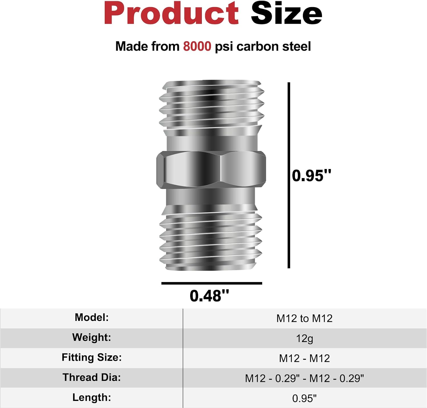 2pcs M12 to M12 Carbon Stee Fittings Adapters for Mini Excavator Adapting, Reducing Or Enlarging Connect Such Air Pipe, Fuel Pipe, Water Pipe, Etc Full Port Straight Pipe Fitting Connector