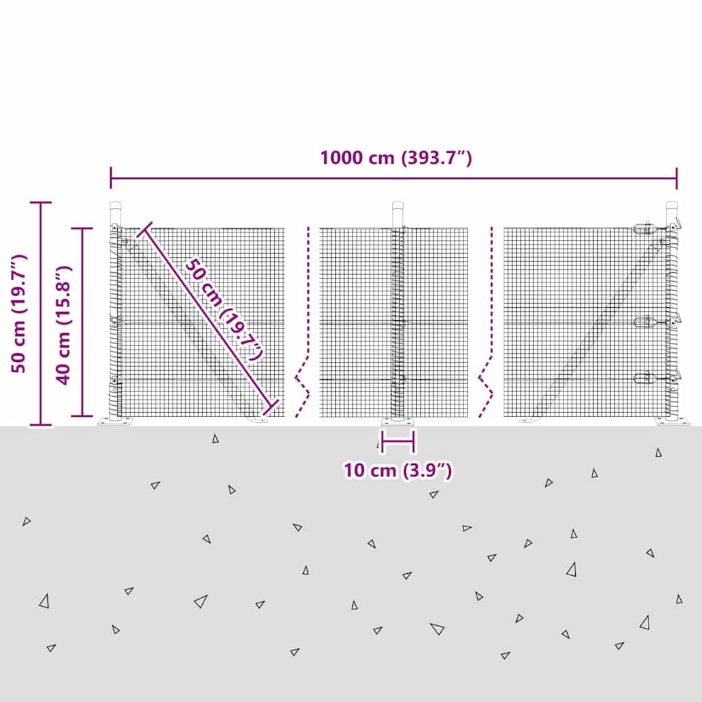 Spawane ogrodzenie z drutu z betonową podstawą, 10 x 0,4 m, srebrna siatka, element ogrodzenia do ogrodu, na taras, balkon, prywatność, bezpieczeństwo zwierząt domowych