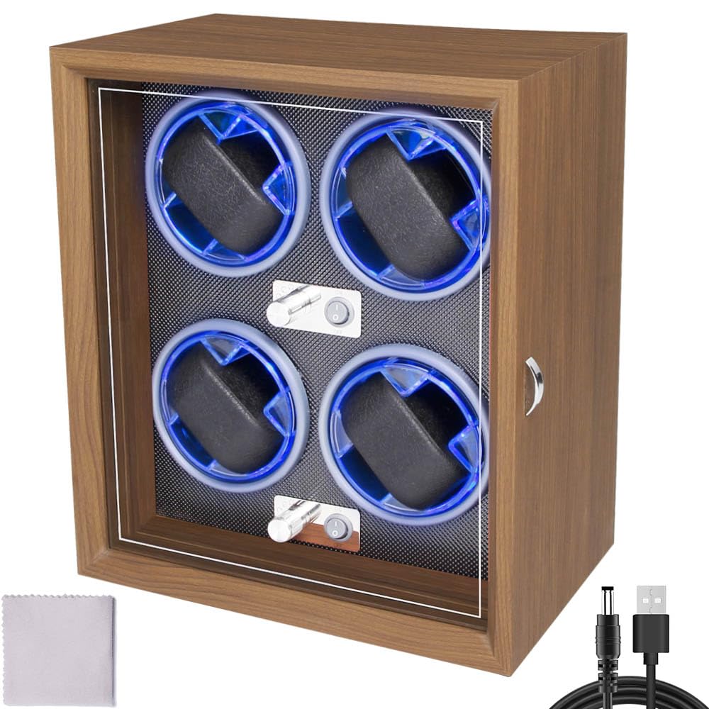 Blendra Grey Automatic Watch Winder Box For 4 Watches - Quiet Motor, 4 Rotation Modes & Blue Led Light, Acrylic Display Case With Wipe Cloth - Watch Storage