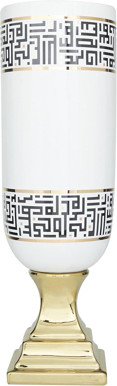 Deco 79 Ceramic Decorative Vase Centerpiece Vase with Greek Knot Pattern and Gold Base, Flower Vase for Home Decoration 7" x 7" x 21", White