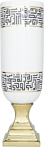 Miniatura 7 de Deco 79 Jarrón decorativo de cerámica con patrón de nudo griego y base dorada, jarrón de flores para decoración del hogar, 7 x 7 x 21 pulgadas,
