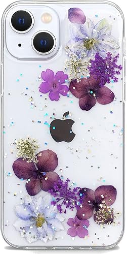 Miniatura 15 de Abbery Funda transparente para iPhone 13 con diseño de margaritas moradas, lindo brillo suave de goma de poliuretano termoplástico, secado real