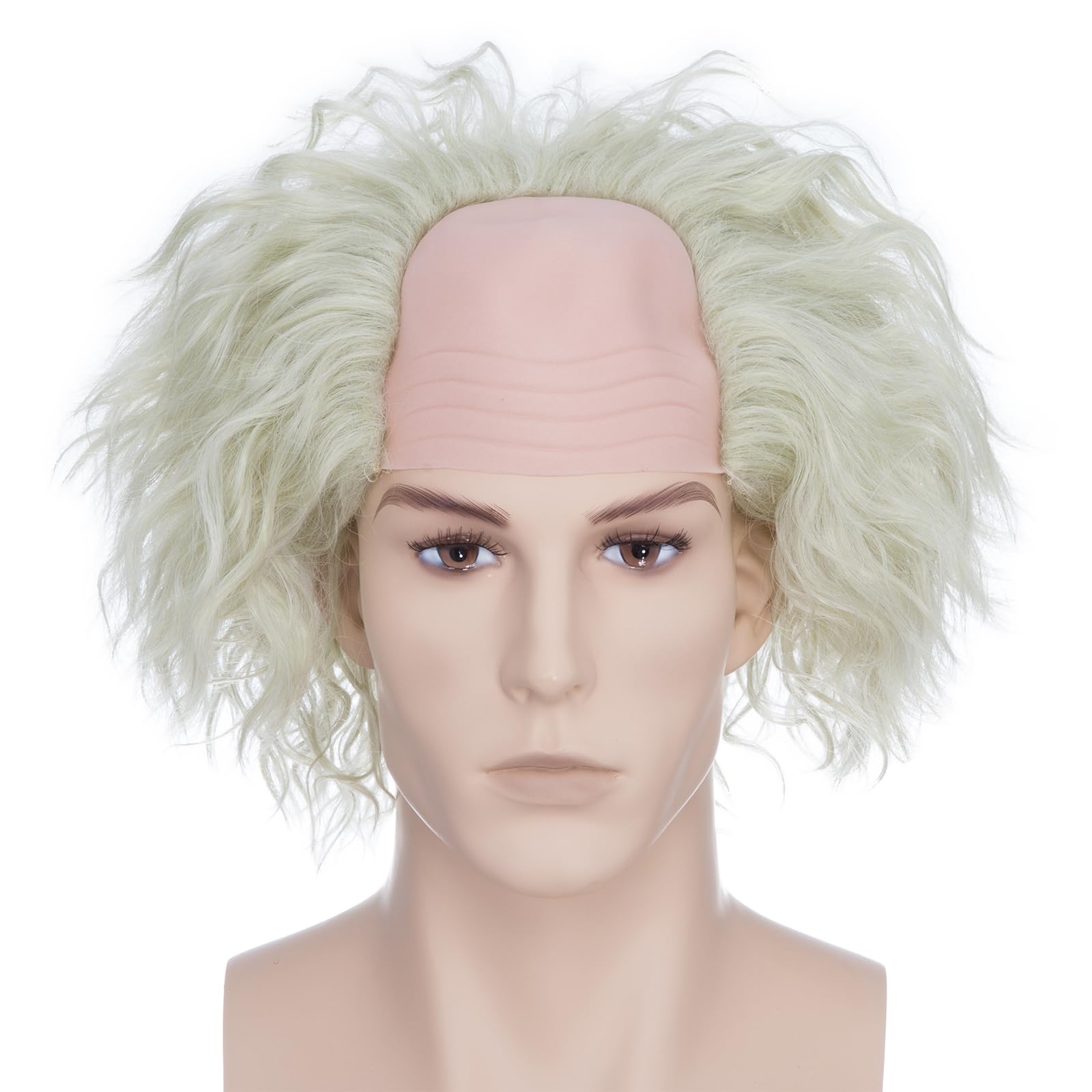 BUYOGET Cosplay Wigs Mens White Blonde Short Curly Wig Mad Scientist Einstein Bald Wig for Halloween Party Movie