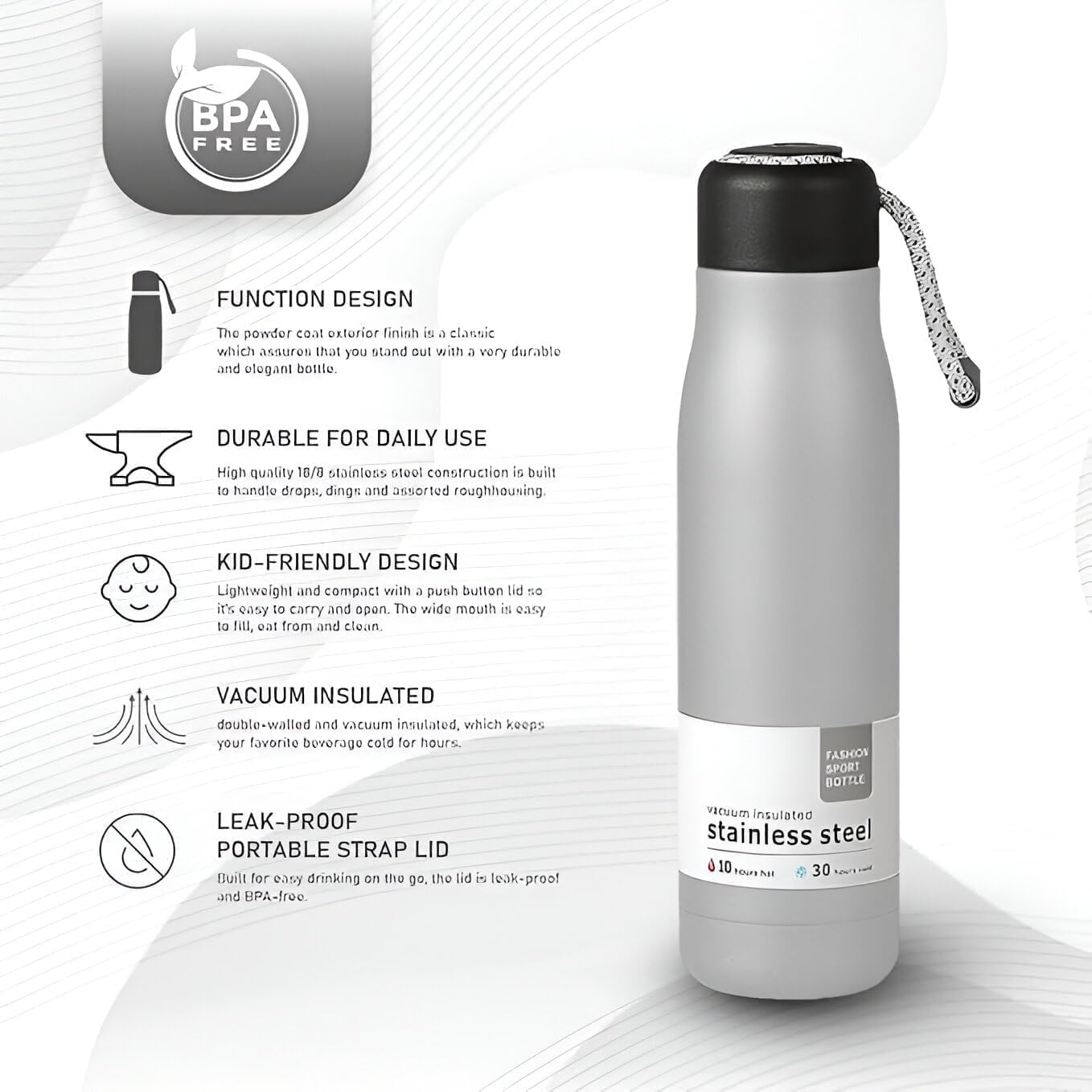 VANSHORA Vacuum Insulated Stainless Steel Water Bottle Hot Cold Thermal Flask Bottle with Strap Leak Proof Sports Water Bottle Travel Flask for Gym Office Outdoor Use Black 2