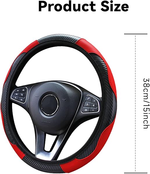 Sporty Red Carbon Fibre Steering Wheel Cover, Universal Stretchable Fit (37-38cm/14.5-15inch) | Genuine Leather Feel, Non-Slip & Breathable | Luxury Car Steering Wheel Protector Cover - 4