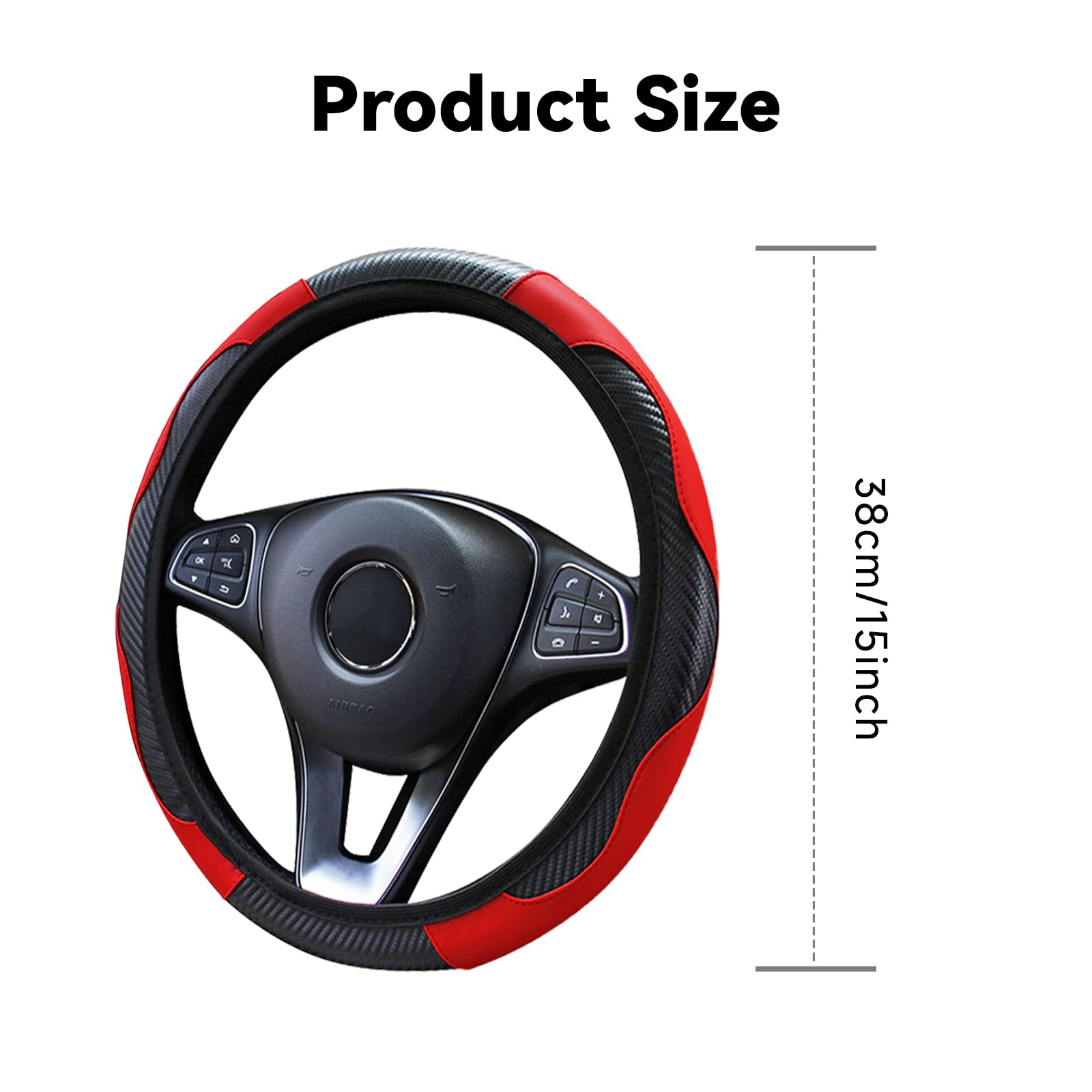 Sporty Red Carbon Fibre Steering Wheel Cover, Universal Stretchable Fit (37-38cm/14.5-15inch) | Genuine Leather Feel, Non-Slip & Breathable | Luxury Car Steering Wheel Protector Cover — view 4