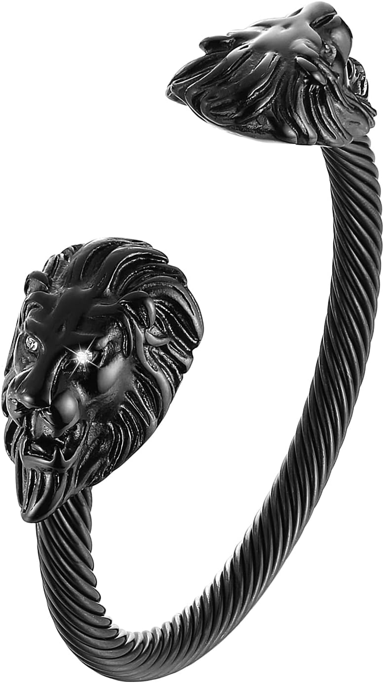 HZMAN Mens Lion CZ Eyes Bracelet Cable Wire Bangle Stainless Steel Gold Plated Biker Punk