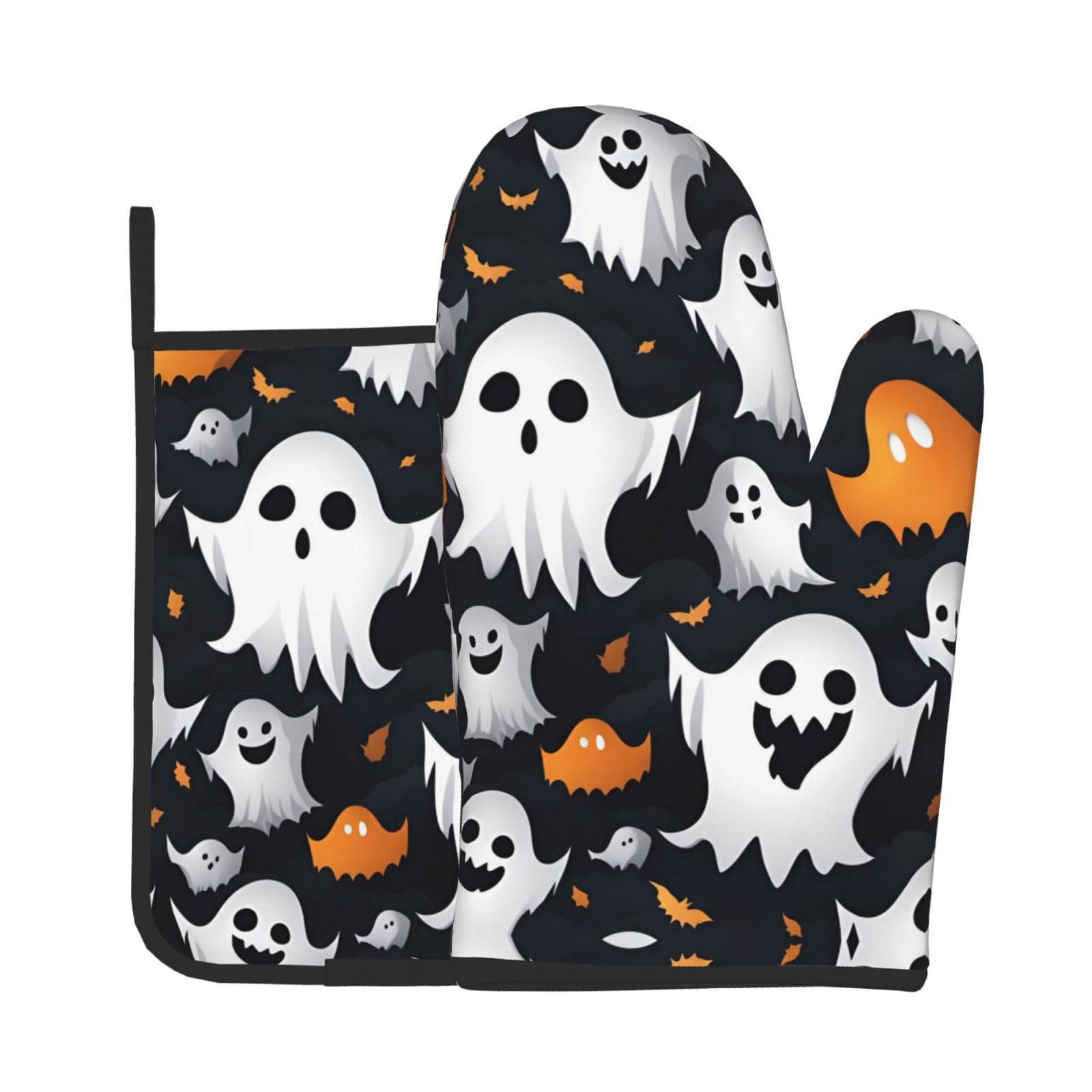 Cute White Ghost Halloween Pattern Kitchen Baking Two-Piece Set,Multipurpose Oven Gloves,Used for Barbecue Kitchen Baking