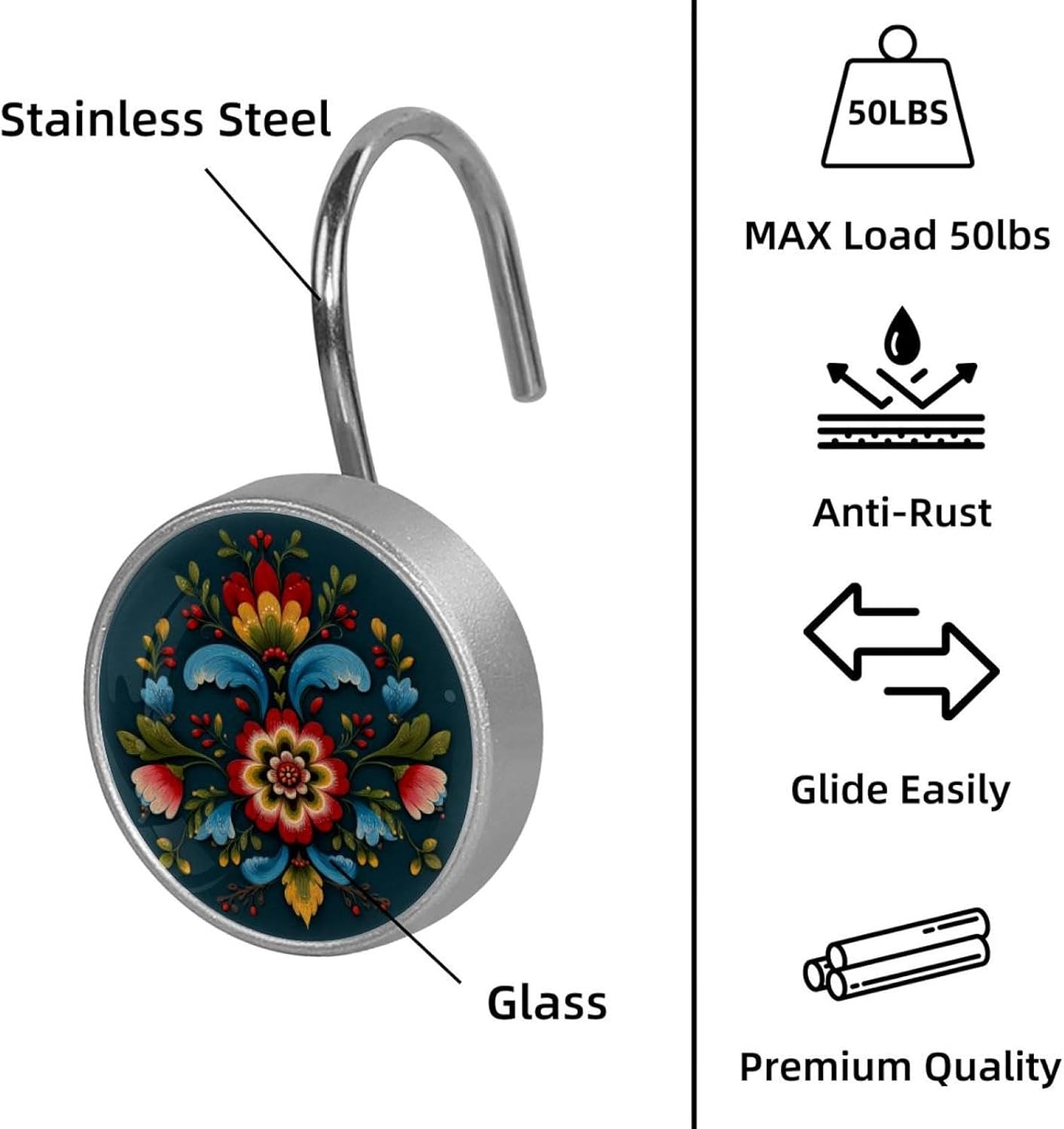 12 Pieces Norwegian Rosemaling Folk Style Flower (16) Shower Curtain Hooks Rings, Stainless Steel Shower Hook Hanger Rings for Bathroom Living Room Bedroom Home Decor