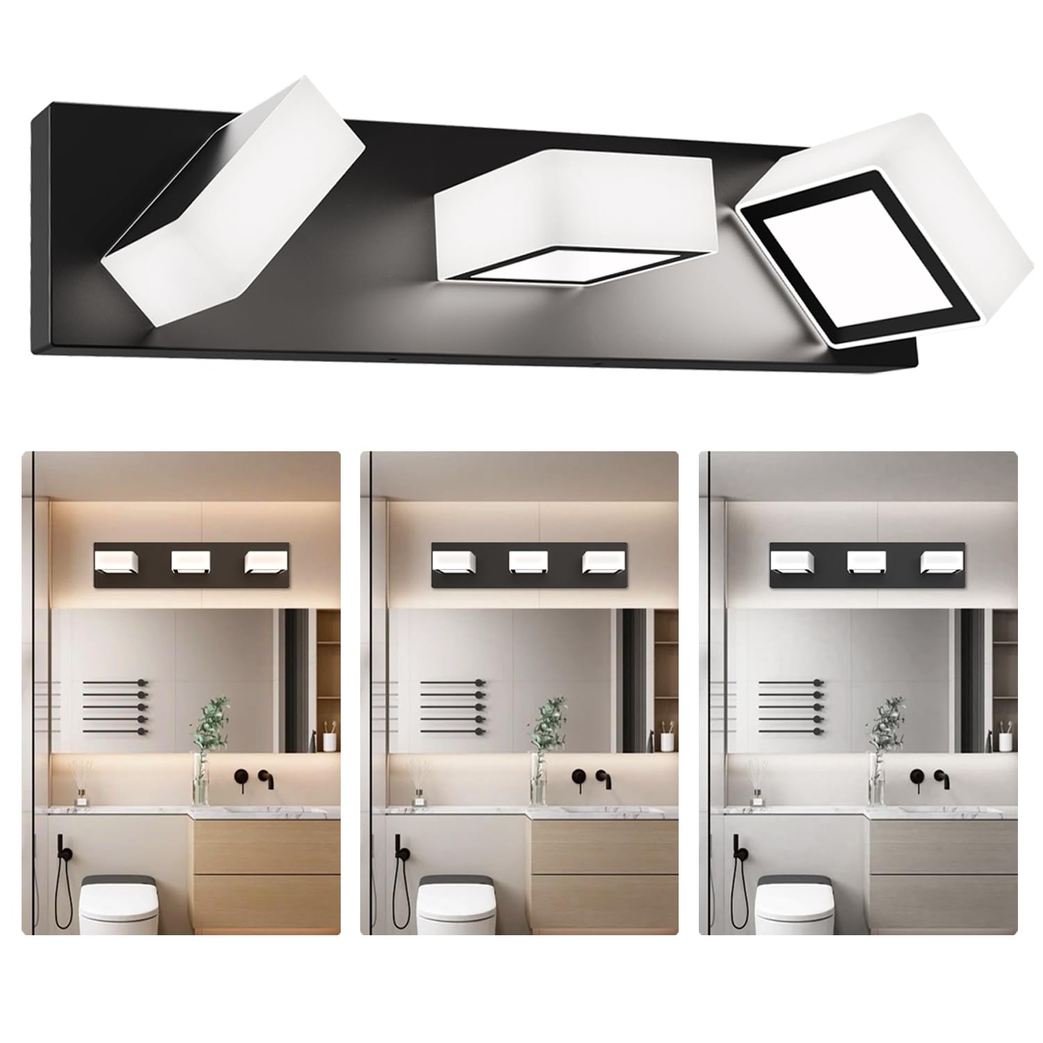 Photo 1 of 3 Color Temperature Dimmable Bathroom Vanity Light, 360° Adjustable Heads LED Wall Fixture, Modern Acrylic Bath Lighting Over Mirror (3-Light Black) 3 LIGHTS