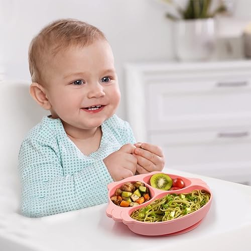 Miniatura 7 de Juego de 5 platos y cuencos para niños pequeños, juego de alimentación de silicona para bebés con succión, platos para bebés con cuchara y tenedor