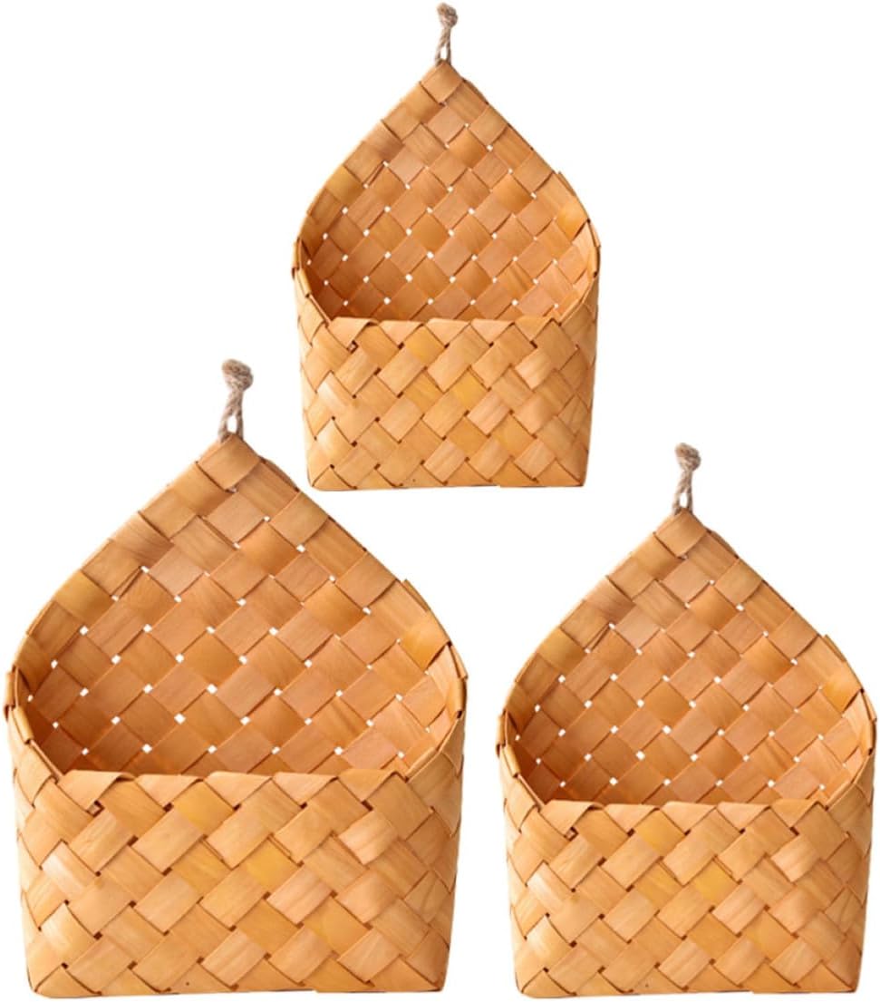 3pcs Woven Wall Storage Basket Hanging Wooden Basket for Organizing Kitchen Utensils and Balcony Storage in Nordic Countryside Style
