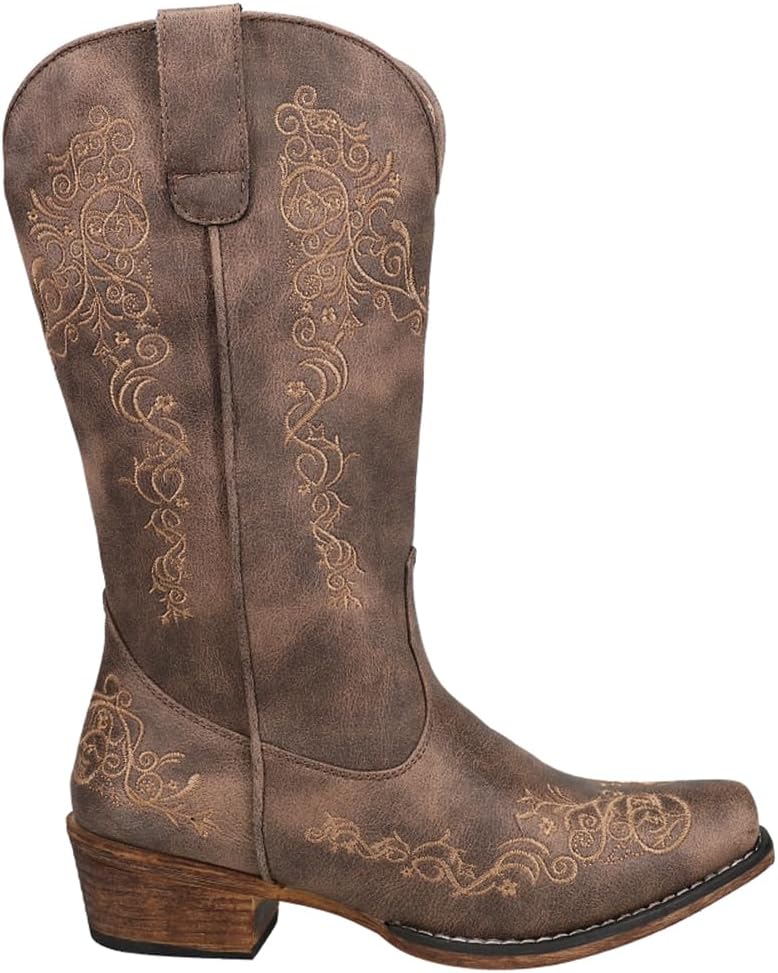 Amazon.com | ROPER Womens Riley Scroll Embroidered Snip Toe Casual Boots Mid Calf Low Heel 1-2" - Brown - Size 8 M | Mid-Calf