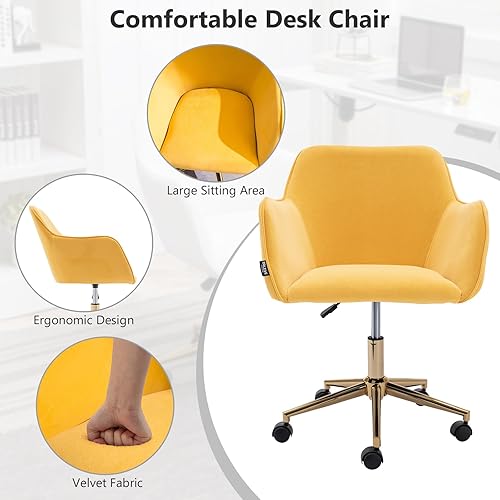 Miniatura 4 de Hommoo Silla decorativa de escritorio con ruedas y brazos, silla de trabajo ajustable de tela de terciopelo para el hogar, dormitorio, oficina,