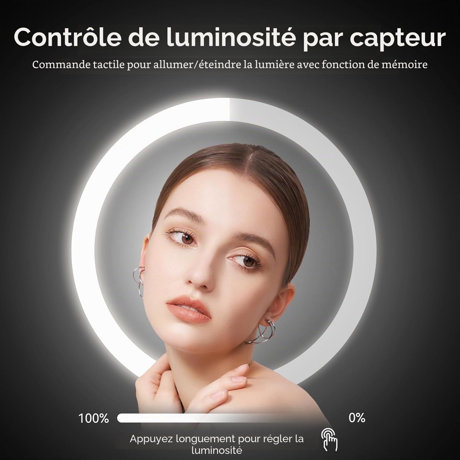Nicesail Miroir de table réglable en hauteur Noir Miroir de maquillage avec éclairage Rechargeable Miroir cosmétique avec grossissement 5X, Diamètre 20 cm