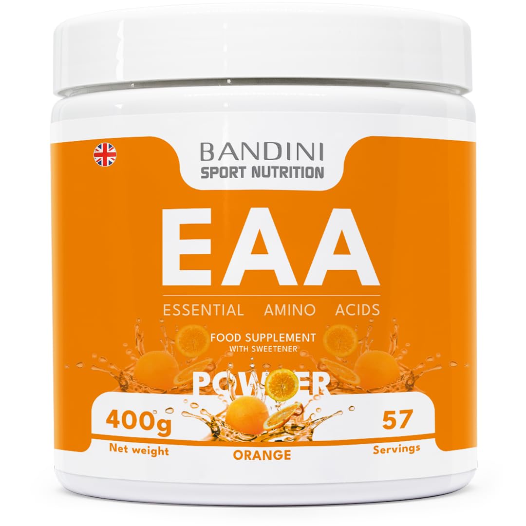 BANDINIEAA Essential Amino Acids | 400 g Powder | 9 Fermented Essential Aminoacids EAAs + BCAAs 211 & Vitamin B6 | Muscle Growth & Recovery | Intra, Pre & Post Workout | Vegan, Orange Flavour