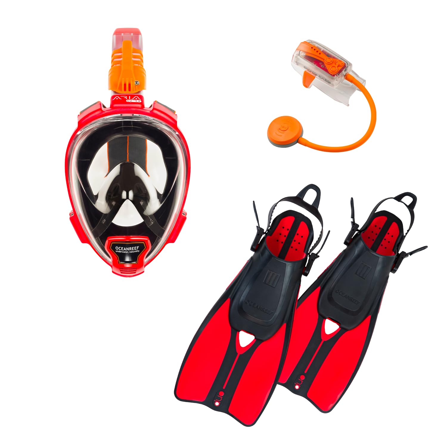 OCEAN REEF - Aria QR+ Full Face Snorkeling Mask & Duo II Travel Fins & Snorkie-Talkie (Red, Mask L/XL - Fins L/XL)