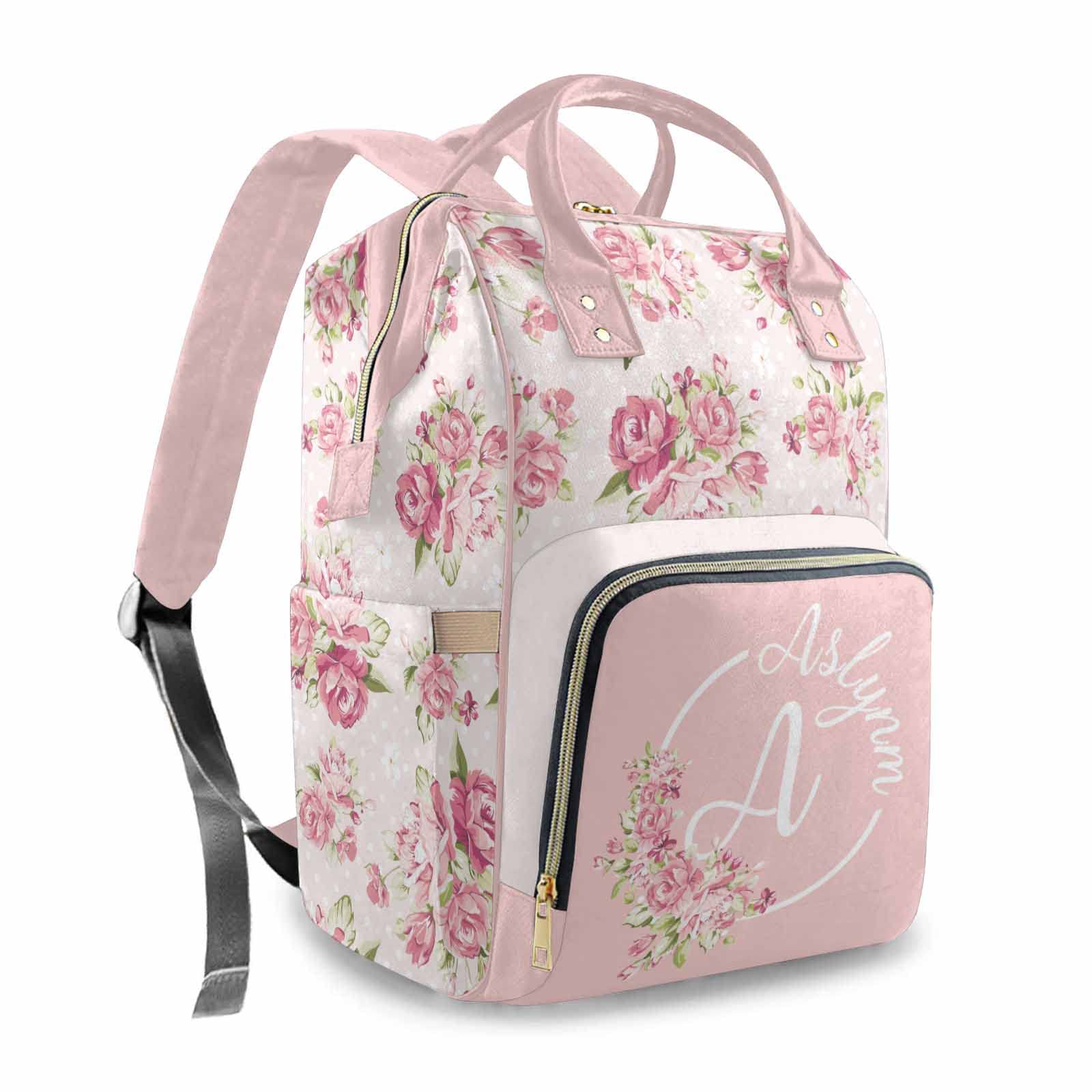Newcos Custom Name Baby Diaper Bag with Initials for Mother's Day, Personalized Pink Floral Nursing Mommy Daypack Nylon Waterproof Travel Backpack with Large Capacity for Women