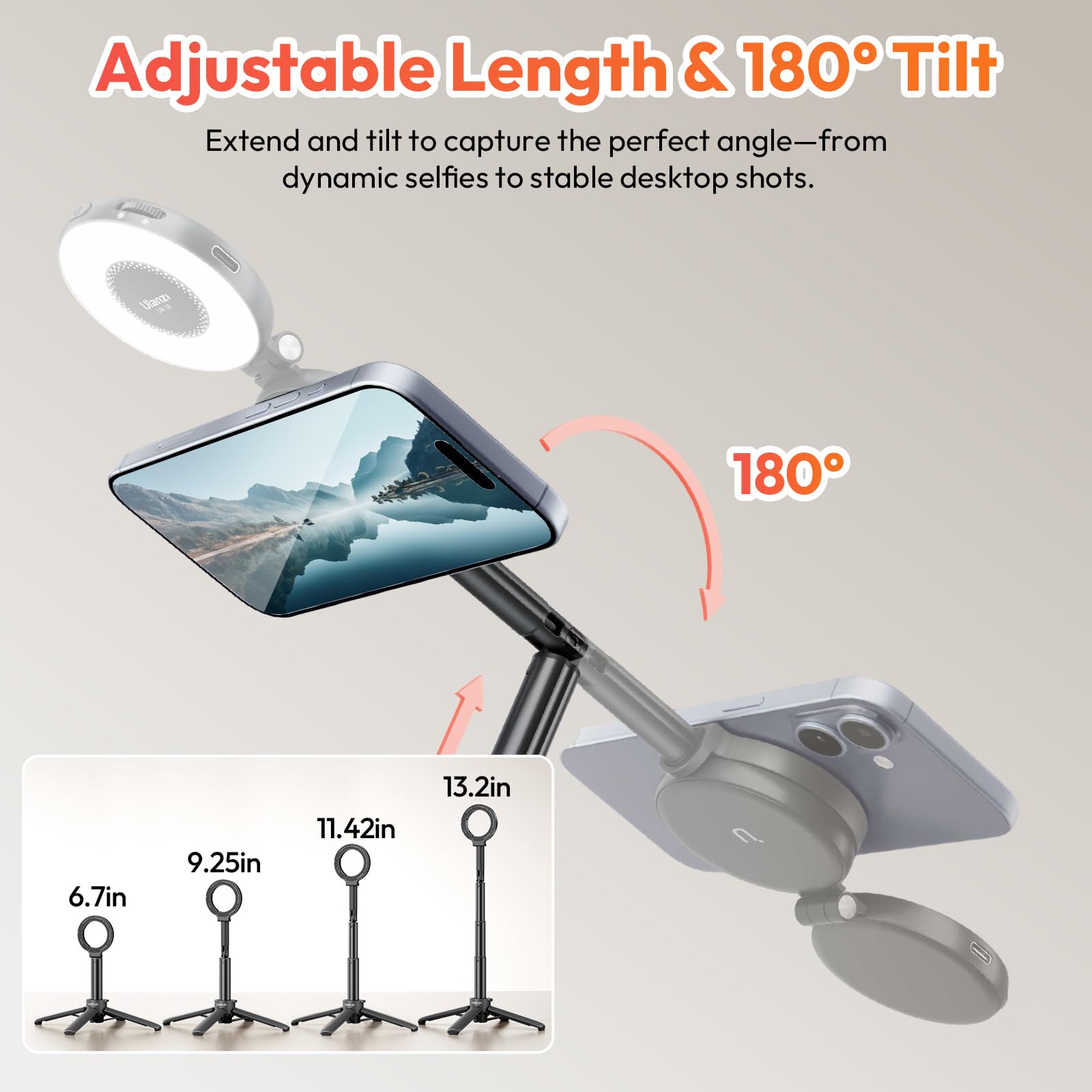 ULANZI MT71 Trípode Magnético Mini para Móvil, 3 en 1 Palo para Selfie, Soporte de Cuatro Patas con Imán Fuerte 14N con Cabeza Inclinable 180° Portátil, Compatible con iPhone 17-12 Magsafe, Samsung
