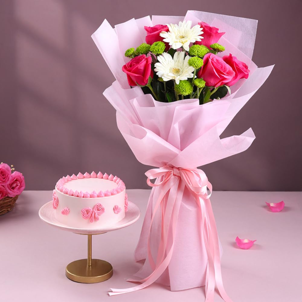 FlowerAura Premium Combo of Fresh Live 8 Mix Flowers Bouquet & 500g Chocolate Cake For Birthday | Anniversary | Valentine's Day | Romantic Surprise | Rose & Chocolate Day (Same Day Delivery)-image-3