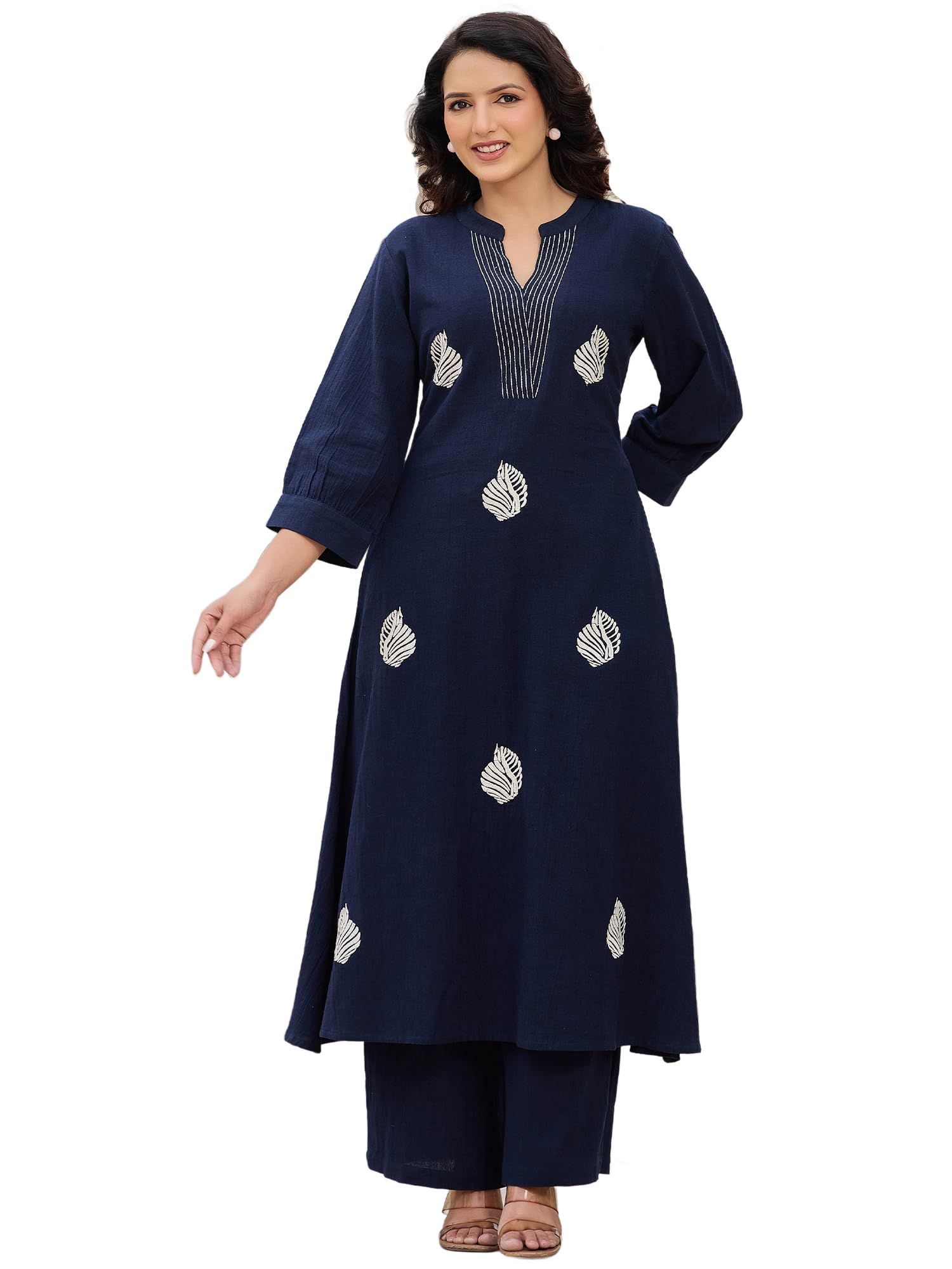 indo era Women's Pure Cotton Blue Ethnic Motifs Embroidered Thread Work Flared Kurta & Palazzo Set-picture-18