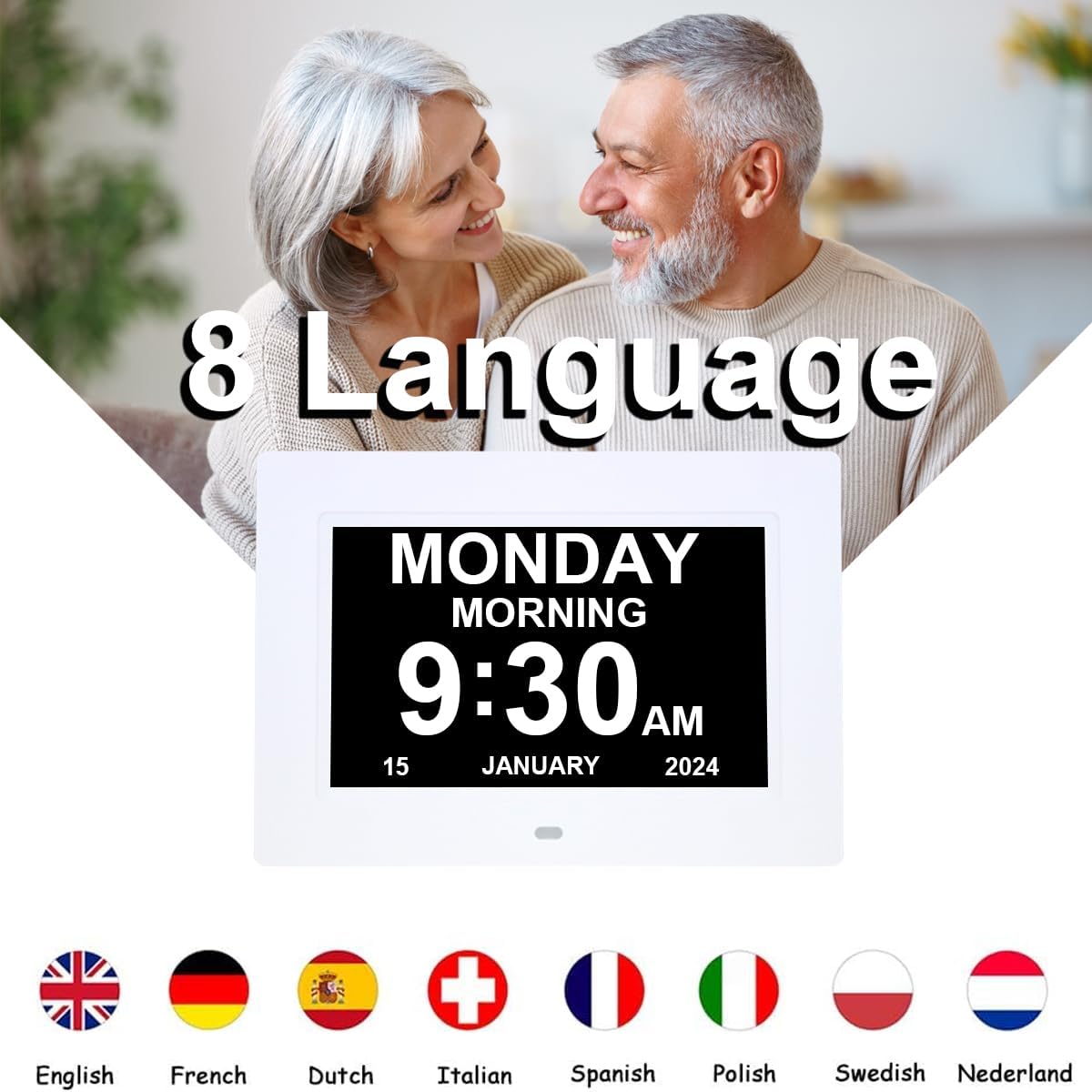 7 Inch Extra Large Day Date Time Digital Day Calendar Clocks with Auto-Dimming 12 Alarm Reminders Dementia Clock for Senior Elderly impaired Vision Memory Loss