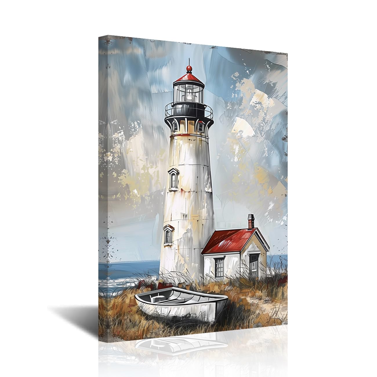 CXHOSTENT Lighthouse Pictures Wall Art Coastal Bathroom Decor Ocean Seascape Canvas Prints Beach Paintings Nautical Scenery Artwork Home Decor Framed (Indigo, 24L x 16W)