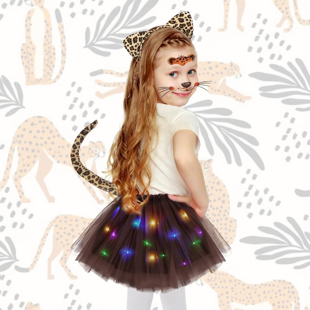 AOOWU Luminoso Costume Animale Bambina, Kit di 5 Pezzi Costume Animale Tutu LED Gonna con Cerchietti Orecchie Leopardo Coda Papillon Adesivi per Halloween, Carnevale Cosplay Party