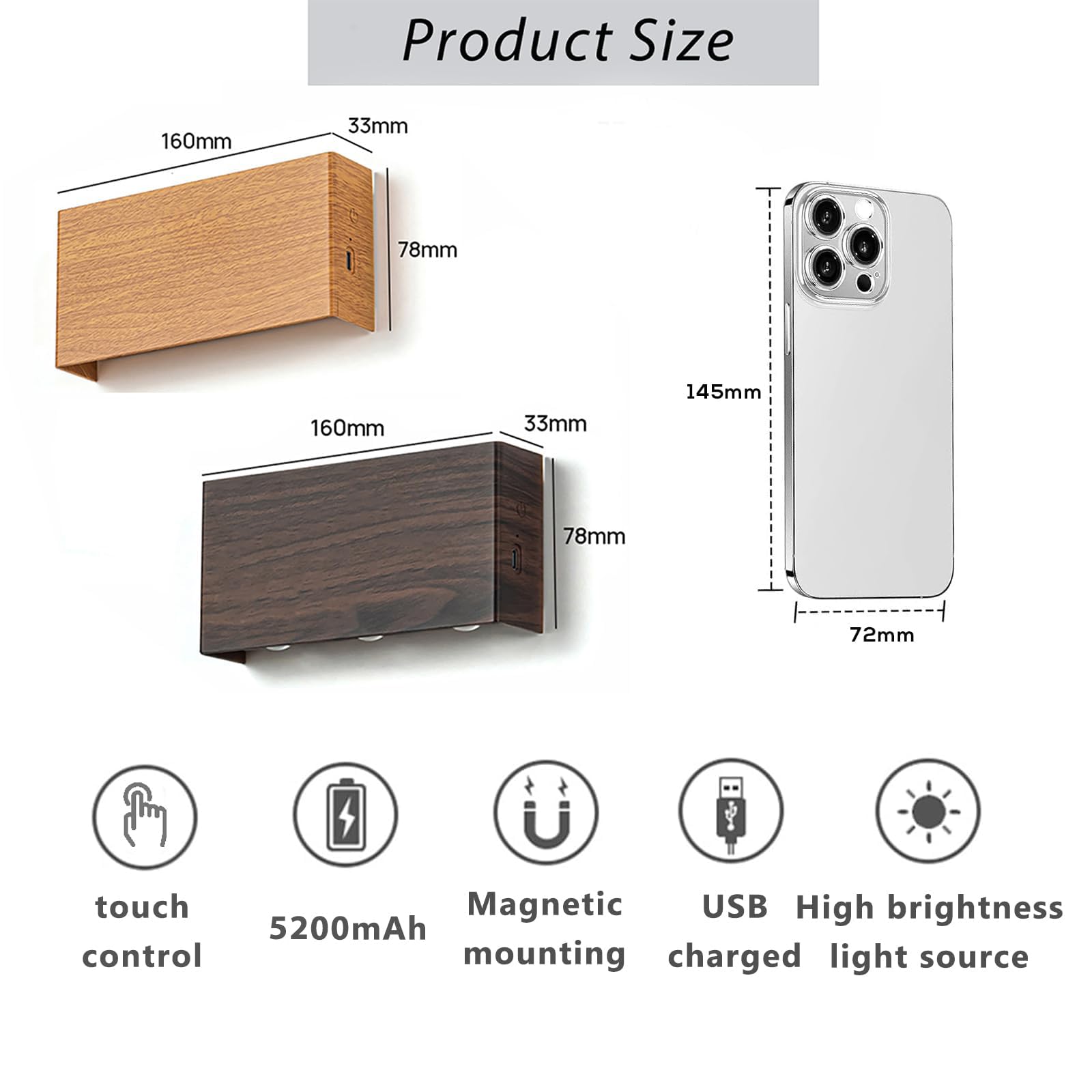 Akku Wandlampe, mit Touch Control Schalter LED Magnetisch Akku Wandleuchte 5200mAh Kabellose Wandlampe 3 Modi Helligkeitsstufen, ideal für Loft Flur Schlafzimmer (2pcs Schwarz)