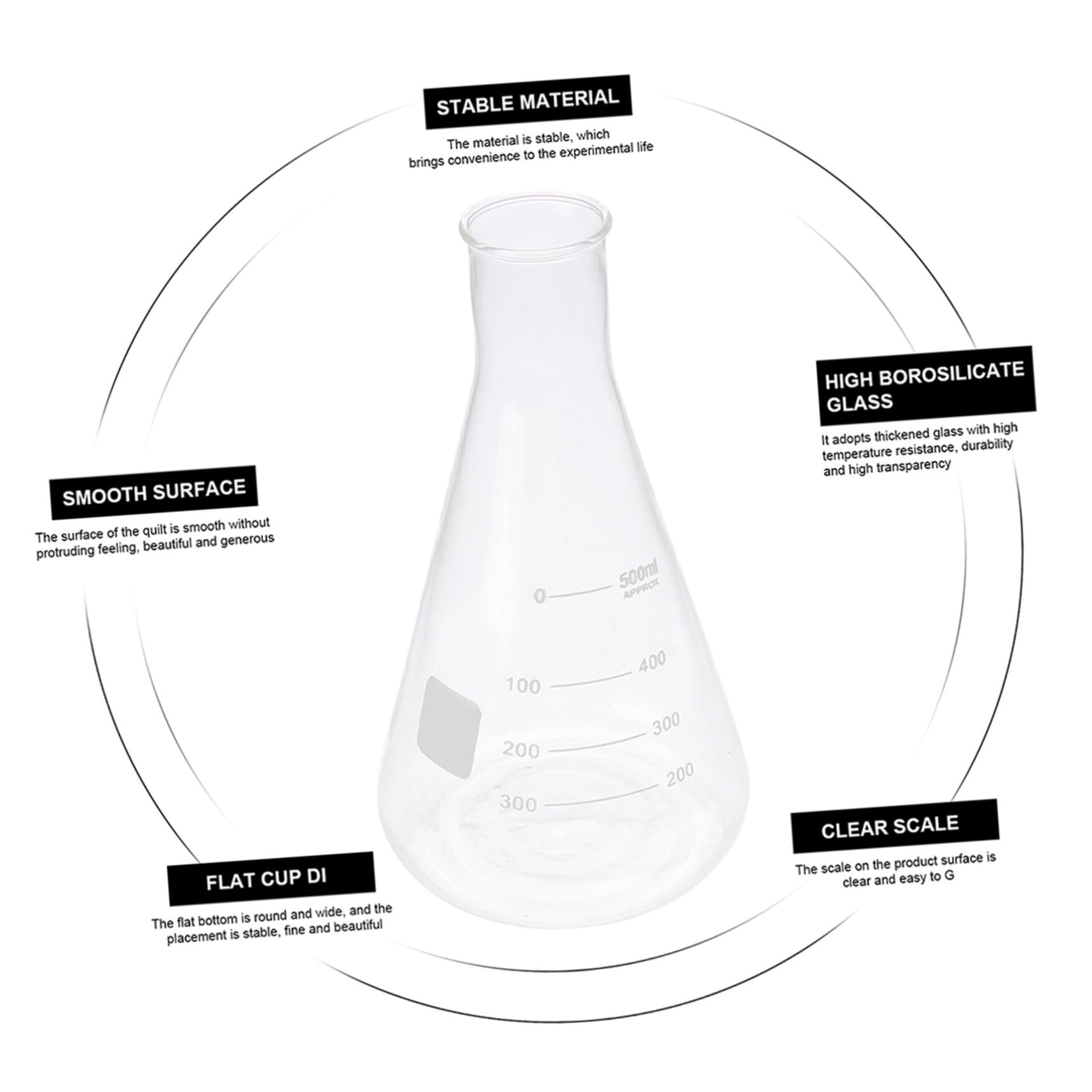 Matraces Erlenmeyer Cónicos de Vidrio de Borosilicato Juego de 4 Cuello Ancho y Medición Precisa para Experimentos en Clase de Química