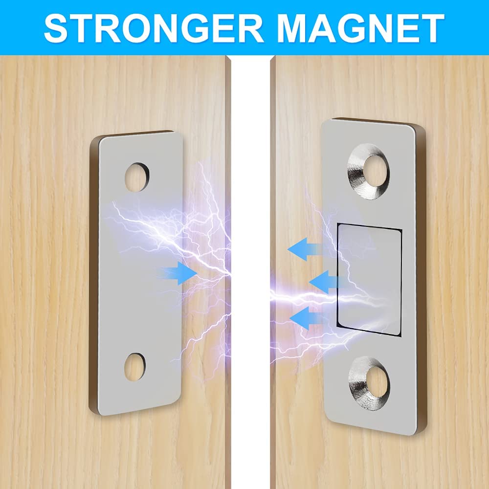 QNEEK 2022 Magnetic Door Catch, 2 Pack Ultra Thin Cabinet Magnetic Catch with Strong Adhesive Sticker & Screws, Slim Drawer Magnets Locks Furniture Safety Latches for Kitchen Cupboard Closet & Sliding Door Closure, Stainless Steel 3