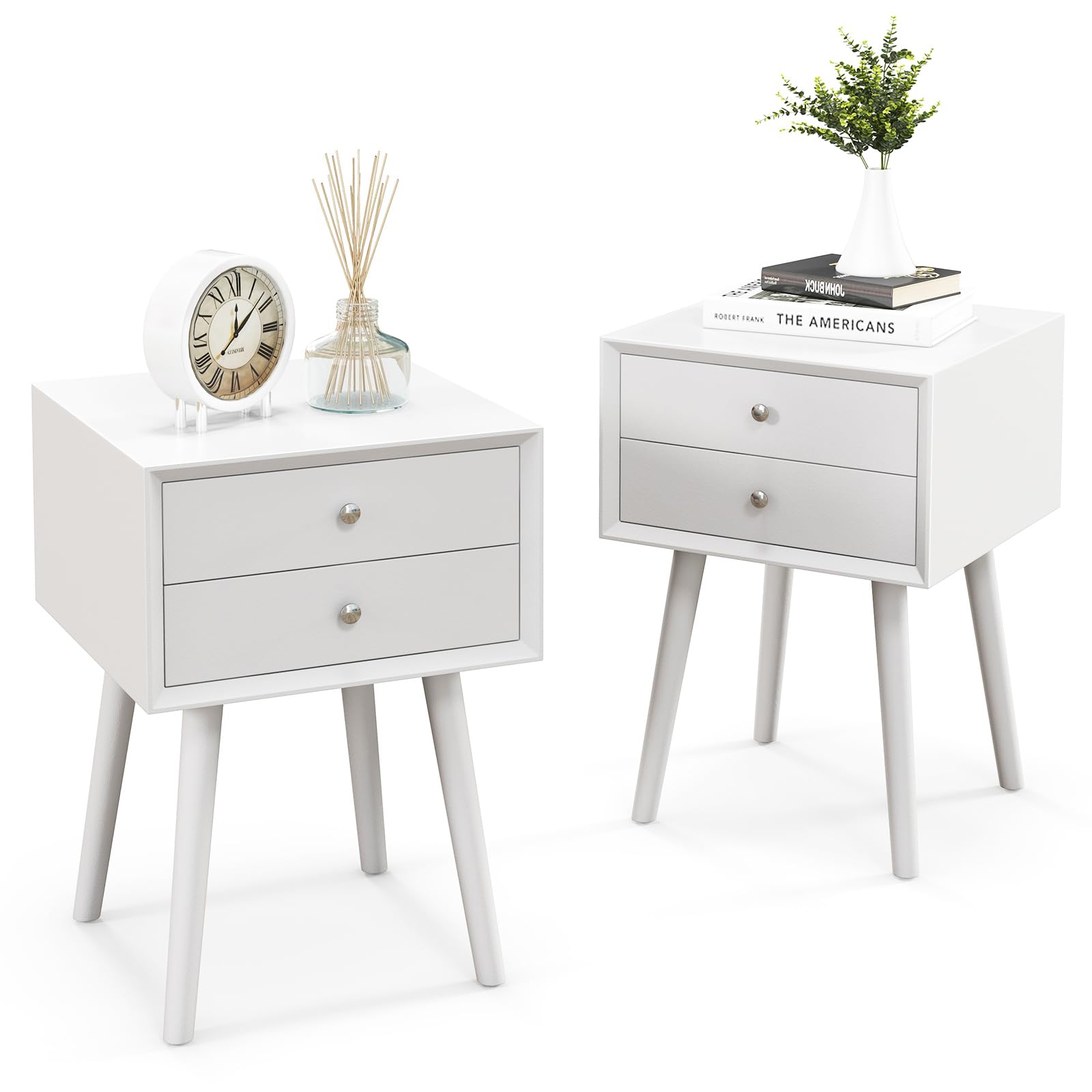 Giantex White Nightstand Set of 2, Wooden Bedside Tables w/ 2 Storage Drawers & Solid Wood Legs, Practical End Side Table, Mid Century Modern Night