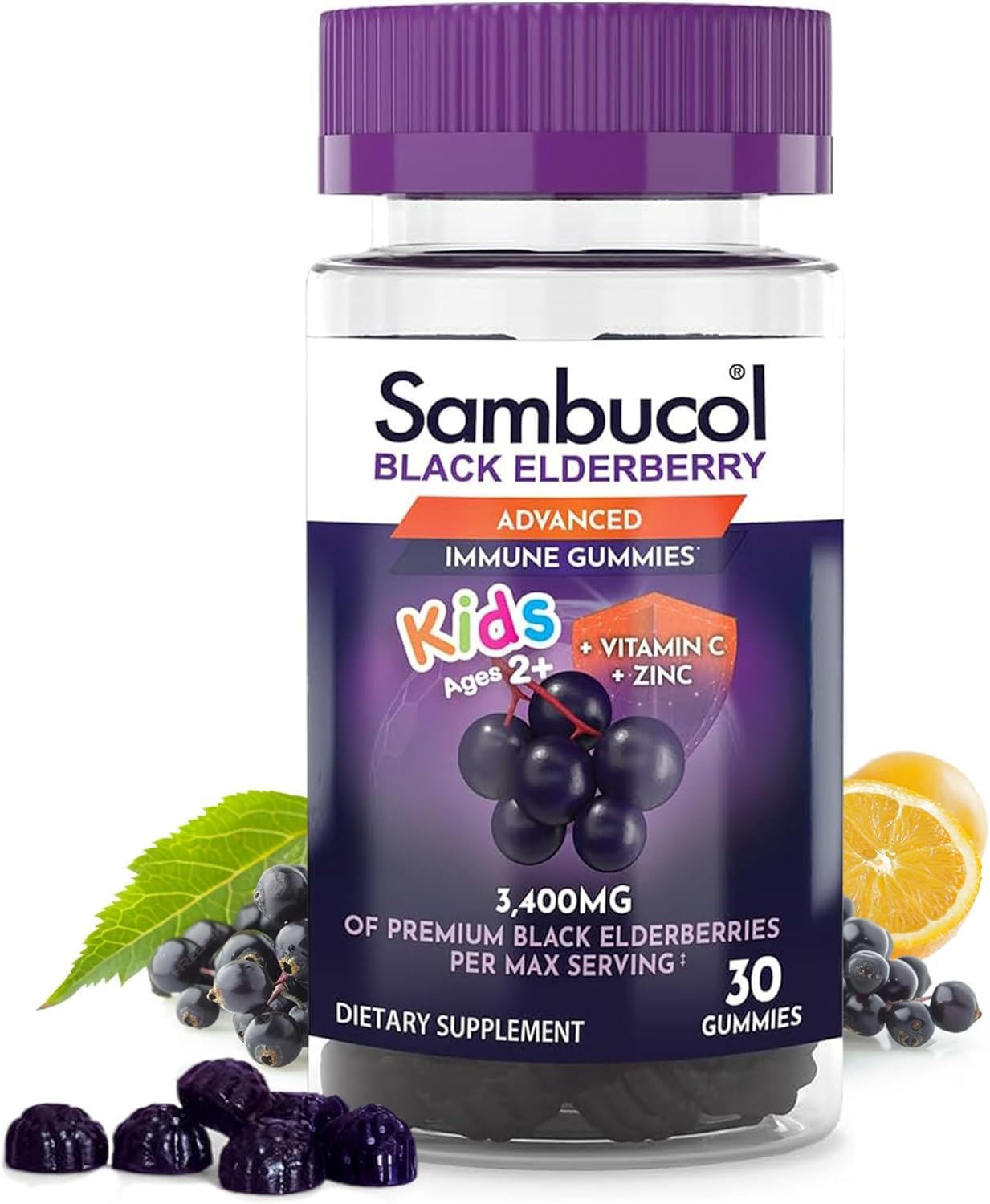 Black Elderberry Gummies for Kids - Elderberry Gummies with Zinc and Vitamin C, Chewable Supplement for Kids, Low Sugar, Berry Flavor - 30 Count