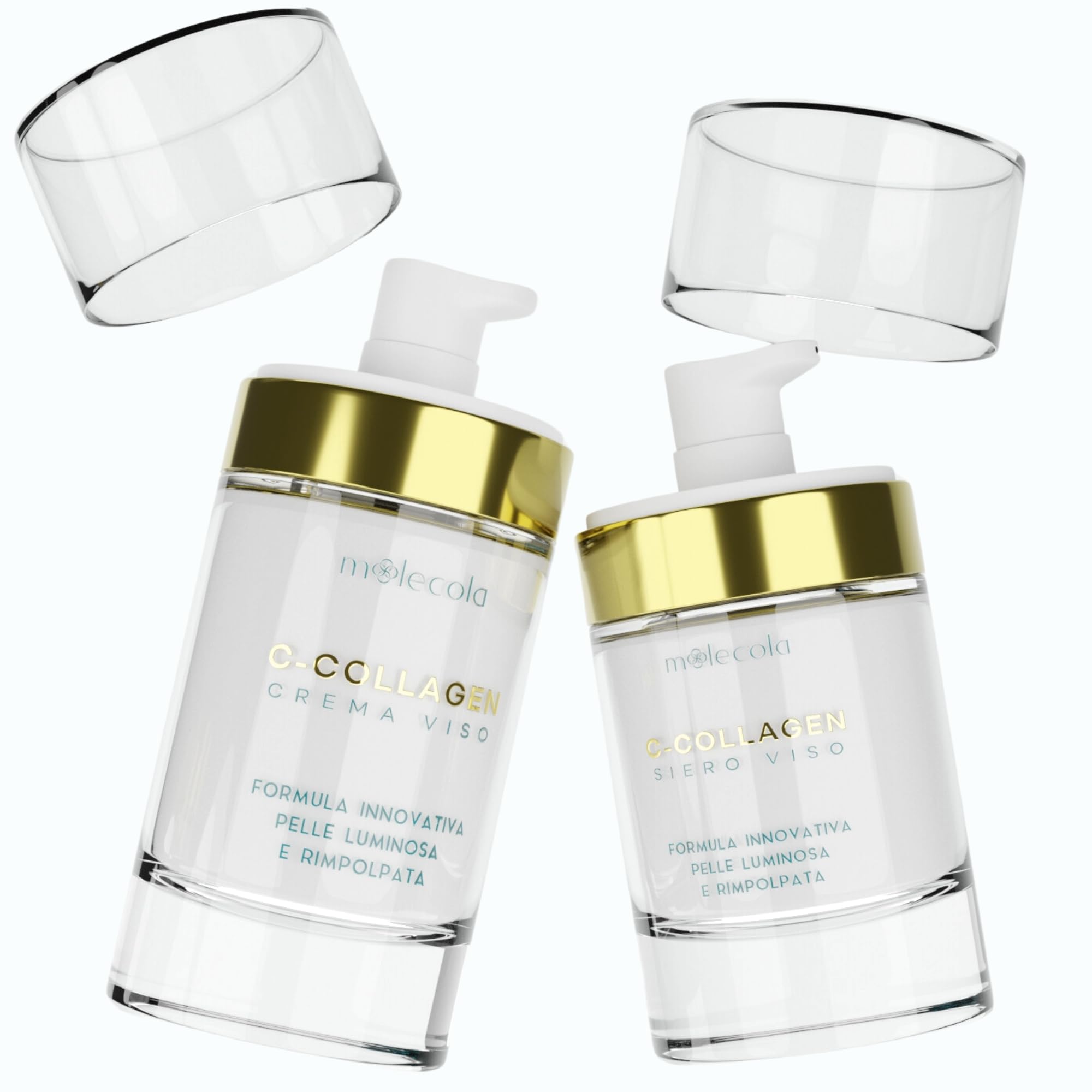 C- COLLAGEN Duo Crema Viso Antirughe e Siero Viso Idratante e Rimpolpante - con Acido Ialuronico, Peptidi di Collagene e Vitamina C - Levigante con Filtro Solare - Moolecola Beauty and Cosmetics