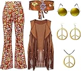 vestiti anni 70 uomo online 6 Pezzi Completo: Set di 6 pezzi che include top, pantaloni, occhiali, orecchini, collana pace e panno per la testa per un abbigliamento coordinato