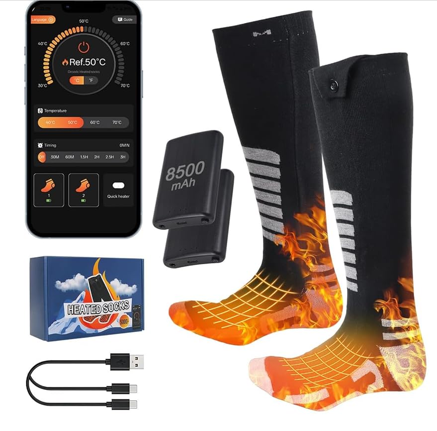 Qoosea Chaussettes Chauffantes pour Hommes & Femmes 8500mAh Rechargeables Électriques avec Contrôle APP & Bouton 4 Réglages de Température Lavables en Machine pour Ski Randonnée Pêche Hiver(M)
