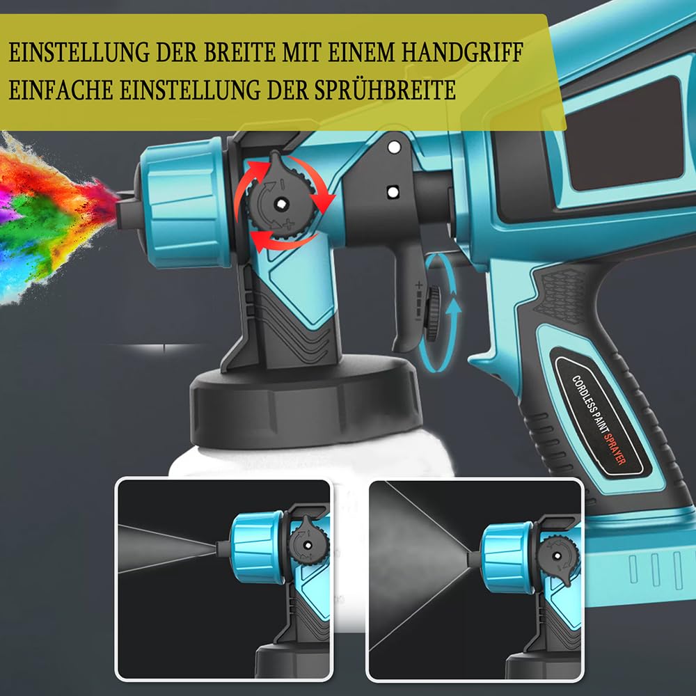 Akku Farbspritzpistole für Makita 18V Akku, 1000ml Farbsprühgerät, mit 3.0AH Akku und Ladegerät,3 Düsen und 3 Spritzmuster,von Wänden Gartenzaun Sprühgerät