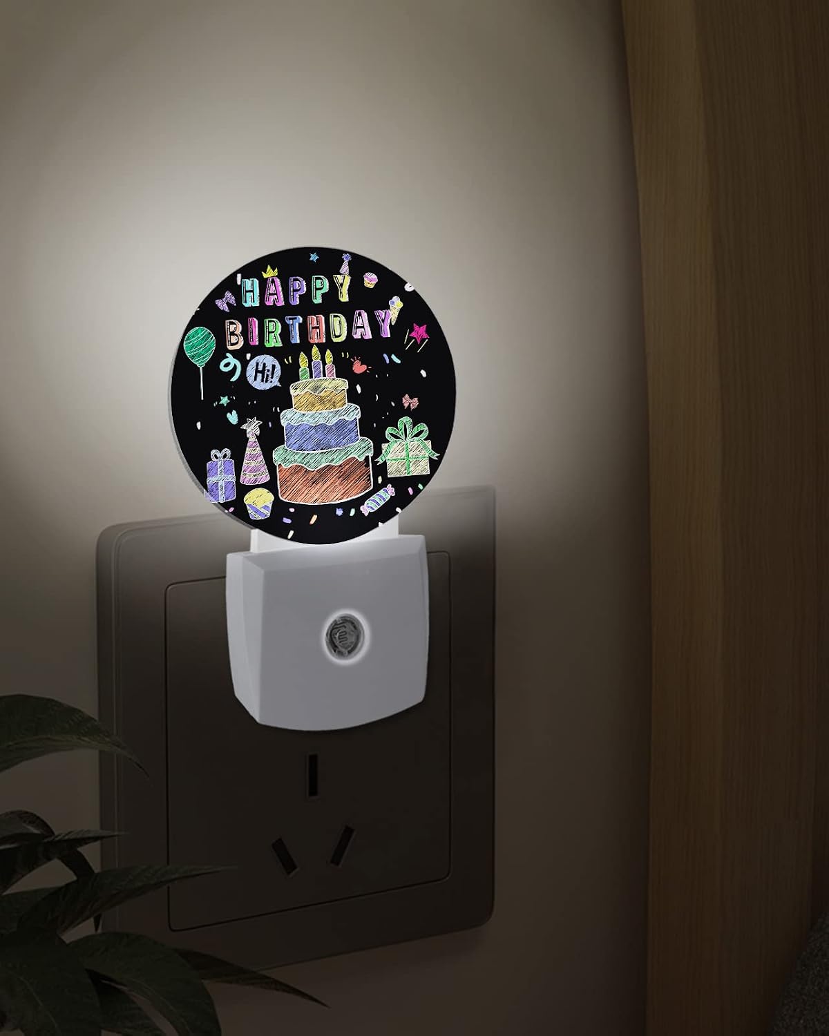 Plug into Night Light Happy Birthday Colorful Line Cake Present Box Auto Sensor Dusk to Dawn Nightlight Black Smart Dimmable Lights for Home Hallway Bedroom Bathroom